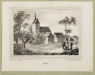 Ortsansicht von Eula (Borna-Eula) nordöstlich von Borna mit der Wiprechtskirche, aus Sachsens Kirchen-Galerie von Hermann Schmidt, Bd. 6, 1841