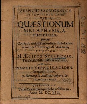 Quaestionum Metaphysicarum Decas