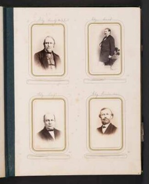 Albumseite 8 mit vier Cartes-de-visite (Porträts von Landtagsabgeordneten) unter Passepartout : Dem fünf und zwanzig Jahre hindurch treu bewährten und wohlverdienten Landtags-Abgeordneten Herrn Christian Gottlieb Riedel : gewidmet von seinen Collegen. Samteinband mit Metallbeschlägen und Metallschließe sowie Goldschnitt; 31 x 24,5 x 4 cm (1873). Dresden: SLUB/DF 2017.D.85