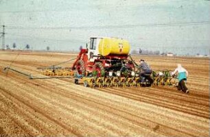 Fotografie: Säverfahren, Zuckerrübe, Einzelkornsaat, Feldspritze angebaut, Bandspritzung, Systemtraktor