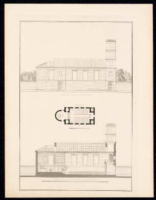 Kirche, Schönberg, Kreis Malmedy: Seitenansicht, Grundriss, Längsschnitt (aus: Sammlung Architektonischer Entwürfe, Berlin 1858)