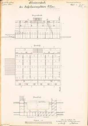 Schwimmdock der Hafenbauinspektion, Pillau: Grundriss, Schnitte 1:100