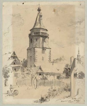 Gengenbach Niggelturm umgeben von Häusern, im Hintergrund Einbeth-Kapelle (heute Jakobskapelle)
