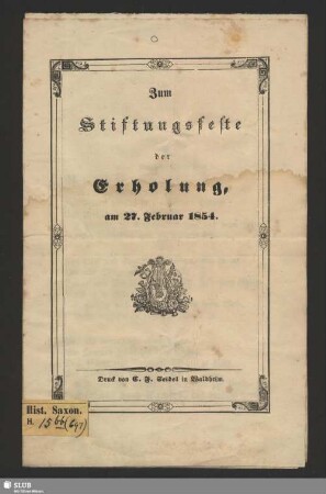 Zum Stiftungsfeste der Erholung [in Waldheim], am 27. Februar 1854