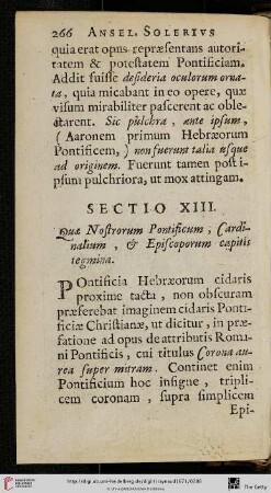 Sectio XIII.: Quae Nostrorum Pontificum, Cardinalium, & Episcoporum capitis tegmina