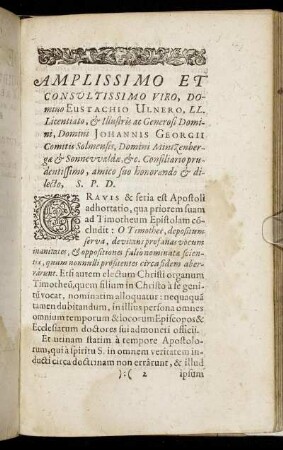Amplissimo Et Consultissimo Viro, Domino Eustachio Ulnero [...] Domini Johannis Georgii Comitis Solmesis [...]