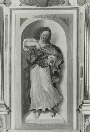 Temperantia (Mäßigkeit) : Temperantia (Mäßigkeit). Wohl Öl auf Holz (ab 1634; C. Schiebling). Radebeul, Hoflößnitz, Berg- und Lusthaus, Festsaal, Ostseite