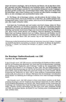 Zur Kenzinger Stadtrechtsurkunde von 1283