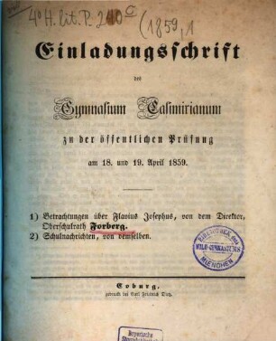 Einladungsschrift des Gymnasium Casimirianum zu Coburg zur Schlußfeier. 1859