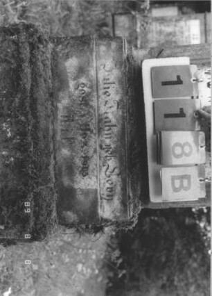 Grabstein 118 (Index: 99800082) Material: Sandstein, Schriftplatte Marmor Zustand: verwittert, Schriftplatte zersprungen Maße HxBxT: 154x46x21 cm Beschreibung: Stele, Giebel mit Verdachung, rechteckige eingelassene Schriftplatte, getreppter Sockel: Grabstein 118B