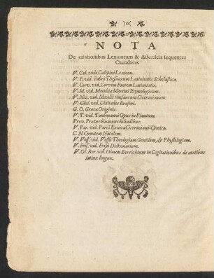 Nota De citationibus Lexicorum & Asteriscis sequentes Characteres.