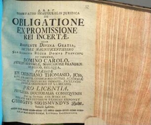 Dissertatio Jvridica Inavgvralis De Obligatione Ex Promissione Rei Incertae