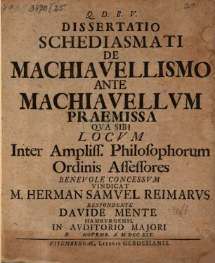 Dissertatio Schediasmati de Machiavellismo Ante Machiavellvm Praemissa