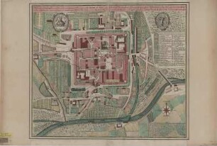 Plan von Jena, ca. 1:1 500, Kupferstich, nach 1732 : Delineatio ichnographica celebris sedis academicae in Thuringia urbis Ienae ad Salam : cum indice aedificiorum memorabilium = Grundriß der berühmte Thüringische Universitaets-Stadt Iena an der Sale / aeri incisum per Matth. Seutter S. Caes. Maj. Geogr. Aug. V.. - [Ca. 1:1 500]. - Aug. V. , [nach 1732]. - 1 Kt. : Kupferst. ; 56 x 48 cm