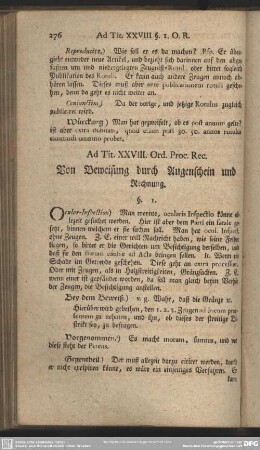 Ad. Tit. XXVIII. Ord. Proc. Rec. Von Beweisung durch Augenschein und Rechnung