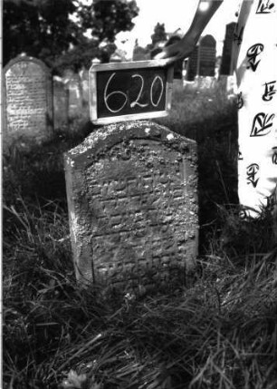 Grabstein 620 (Index: 100105008) Material: Sandstein Zustand: teilweise stark verwittert, bewachsen, teilweiser Textverlust Maße HxBxT: 65x40x10 cm Beschreibung: Stele, Konvexbogenabschluss, Schriftfeld eingetieft: Grabstein 620