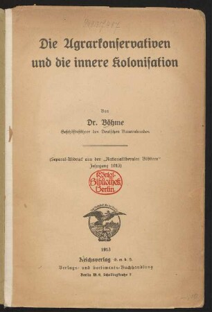Die Agrarkonservativen und die innere Kolonisation