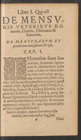 Liber I. Qui est De Mensuris Veteribus Romanis, Graecis, Hebraicis & Externis.