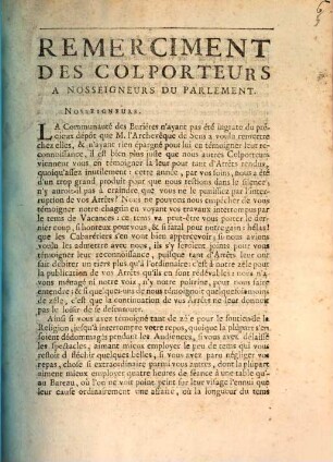 Remerciment Des Colporteurs A Nosseigneurs Du Parlement ... : [Donné à Paris ... le 16 Octobre 1752. ...]