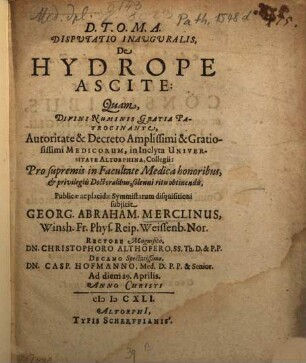 Disputatio Inauguralis De Hydrope Ascite