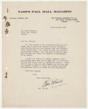 Brief von Oliver Robinson, Nash´s Pall Mall Magazine an Erich Salomon