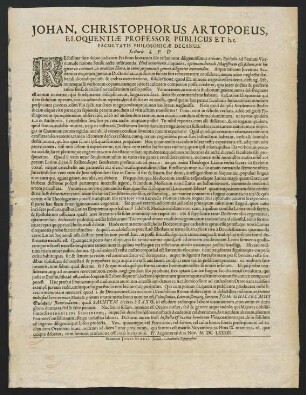 Johan. Christophorus Artopoeus, Eloquentiae Professor Publicus Et h.t. Facultatis Philosophicae Decanus. Lecturis S. P. D.
