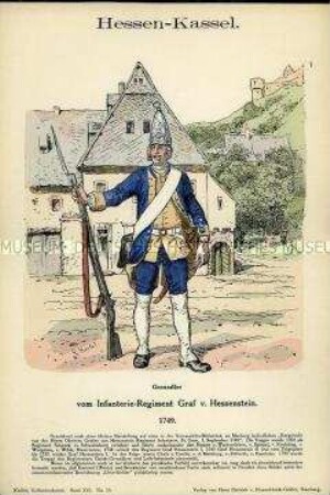 Uniformdarstellung, Grenadier des Infanterie-Regiments "Von Hessenstein", Landgrafschaft Hessen-Kassel, 1749.