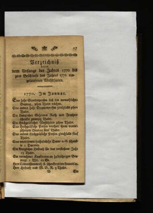 Verzeichnis derer vom Anfange des Jahres 1770 bis zum Beschlusse des Jahres 1772 eingelaufenen Wohlthaten.