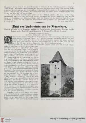 28: Ulrich von Liechtenstein und die Frauenburg : (Vortrag, gesprochen auf der Frauenburg anläßlich der Burgenfahrt der Vereinigung zur Erhaltung deutscher Burgen, am 24. Juni 1927)