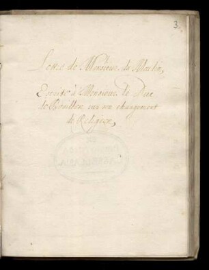 Lettre de Monsieur du Moulin, Escrite à Monsieur le Duc de Bouillon sur son changement de Religion