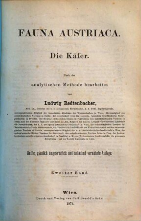 Fauna Austriaca, 2. Die Käfer : nach der analytischen Methode bearbeitet