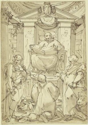 Der Heilige Benedikt (?) mit aufgeschlagenem Buch auf einem Postament vor Aedicula und Kuppelansatz sitzend, neben ihm die Heiligen Johannes der Täufer und Lukas