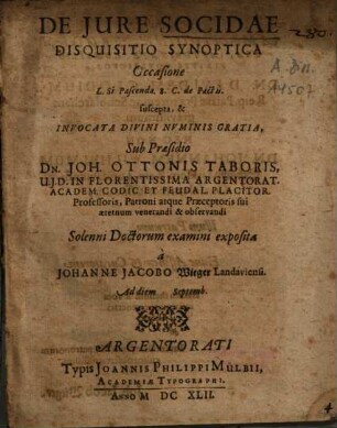 De Jure Socidae Disquisitio Synoptica : Occasione L. Si Pascenda. 8. C. de Pactis