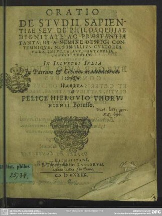 Oratio de studii sapientiae seu de dignitate ac praestantia tanta