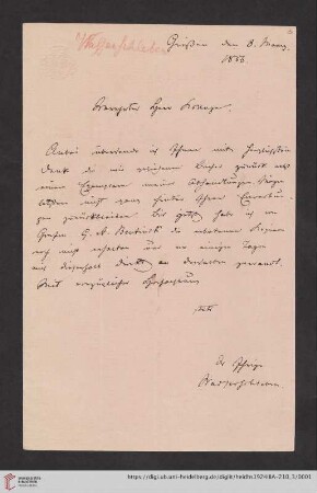Briefe von Friedrich Wilhelm von Wasserschleben an Heinrich Zöpfl: Brief von Friedrich Wilhelm Wasserschleben an Heinrich Zoepfl, 08.03.1856