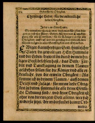 Christliche Gebet/ für die ordentliche liebe Obrigkeit.