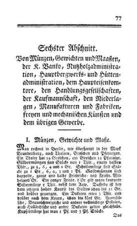 Sechster Abschnitt. Von Münzen, Gewichten und Maaßen, [...]