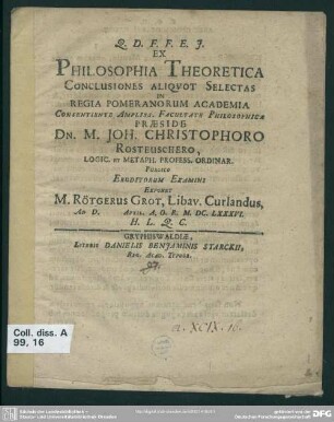 Ex philosophia theoretica conclusiones aliquot selectas