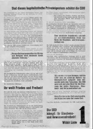 Fragment eines Propagandaflugblattes der SED zur Gemeindewahl 1946 mit Ausrichtung auf die christliche Bevölkerung