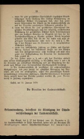 Bekanntmachung, betreffend die Kündigung der Schuldverschreibung der Landescreditkasse.