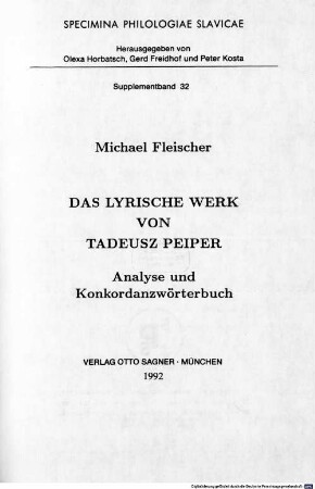 Das lyrische Werk von Tadeusz Peiper : Analyse und Konkordanzwörterbuch