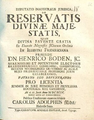 Disputatio Inauguralis Iuridica, De Reservatis Divinae Maiestatis
