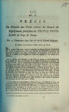 Precis Du Protocole aux Proces verbaux des Seances des Representans provisoires du Peuple Souverain du Pays de Namur. Du 13. Decembre 1792, l'an 1er de la Liberte Belgique.