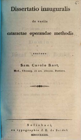 Diss. inaug. de variis cataractae operandae methodis