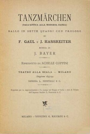 Tanzmärchen : (dall'antica alla moderna danza) ; ballo in sette quadri con prologo ; Teatro alla Scala, Milano, stagione 1893 - 94