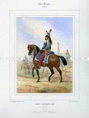 Uniformdarstellung, Kürassier des 5. Kürassier-Regiments zu Pferd, Königreich Frankreich, 1847. Tafel Nr. 295 aus: Galerie Militaire.
