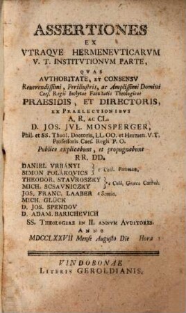 Assertiones ex utraque hermeneuticarum V. T. institutionum parte
