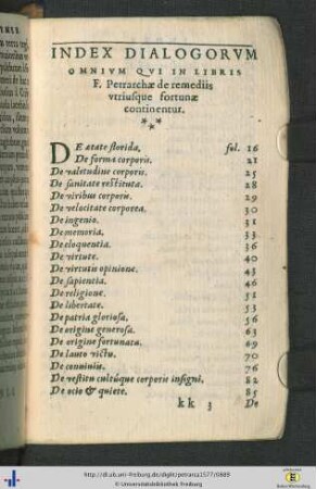 Index Dialogorum Omnium Qui In Libris F. Petrarchae de remediis utriusque fortunae continentur.