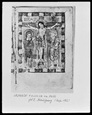 Psalterium cum Canticis — Christus am Kreuz zwischen Maria und Johannes, Folio 8recto