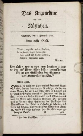 Das erste Stück. Montags, den 5. Januarii 1756.